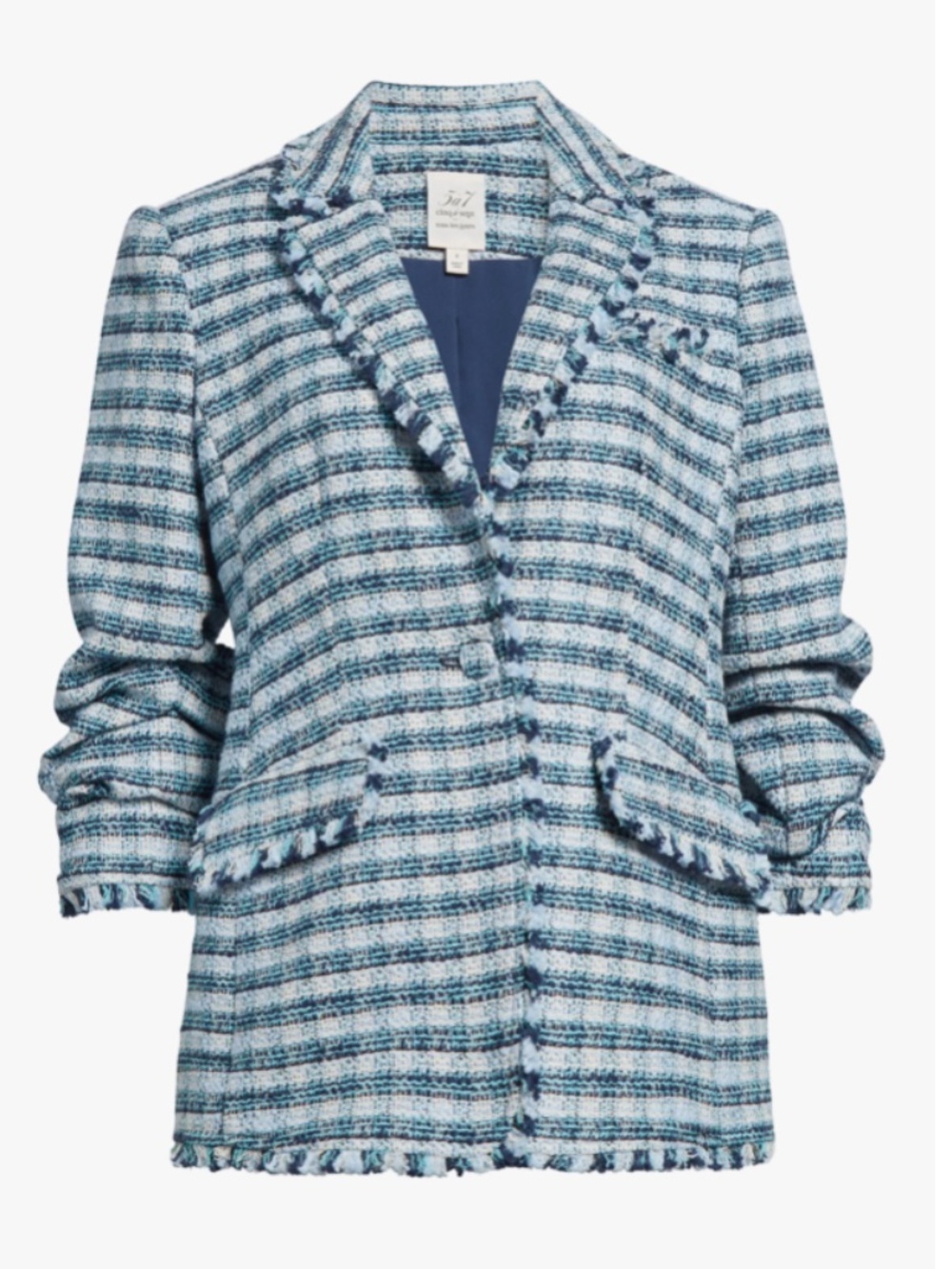 CINQ A SEPT KHLOE FRINGE-TRIM TWEED RUCHED SLEEVE MATILDA BLAZER JACKET